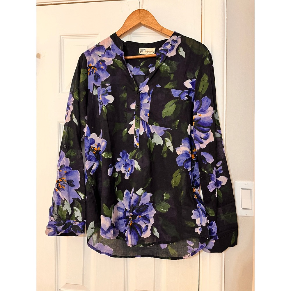 Magazine Floral Button Front Blouse Navy Purple Long Sleeve Roll Tab Top M